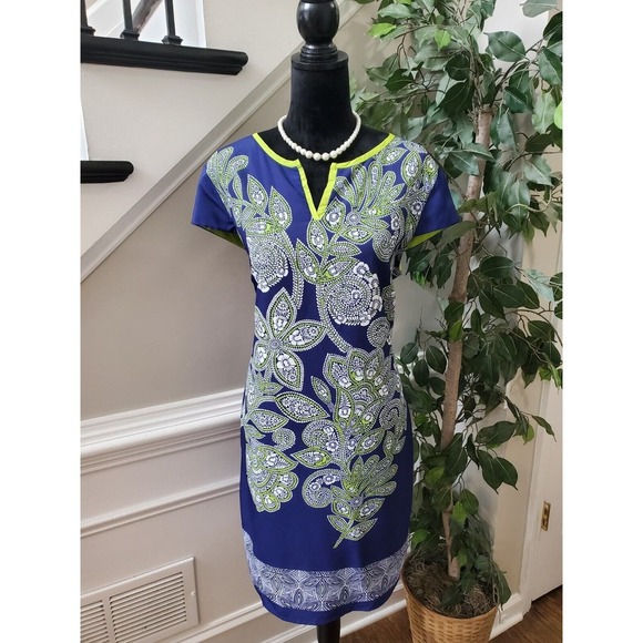 Luxology Womens Blue Floral Polyester V-Neck Short Sleeve Knee Length Dress 14 - Picture 1 of 13